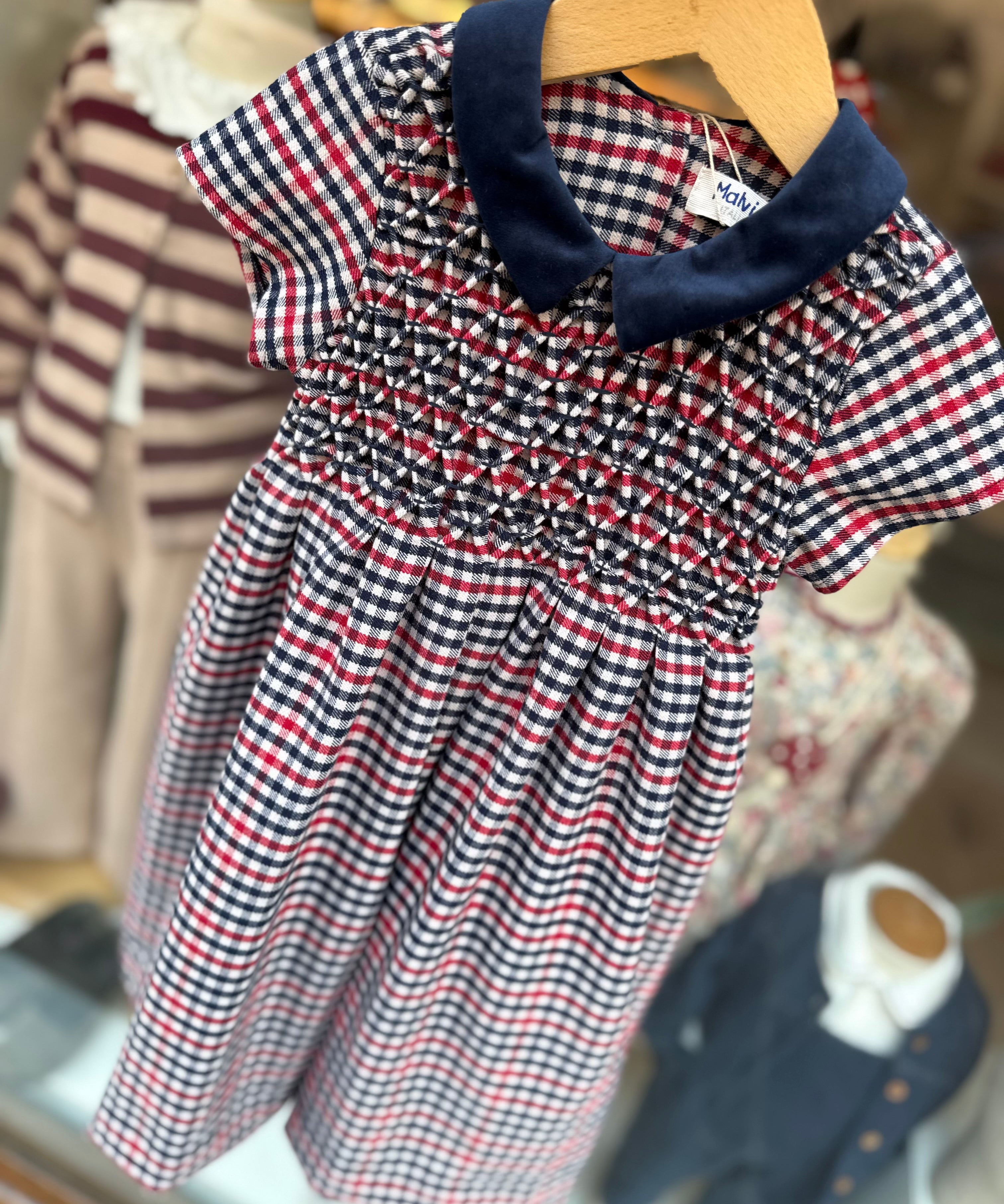 Abito quadretto blu bianco e rosso ricamo smock Malvi F26M012VENC