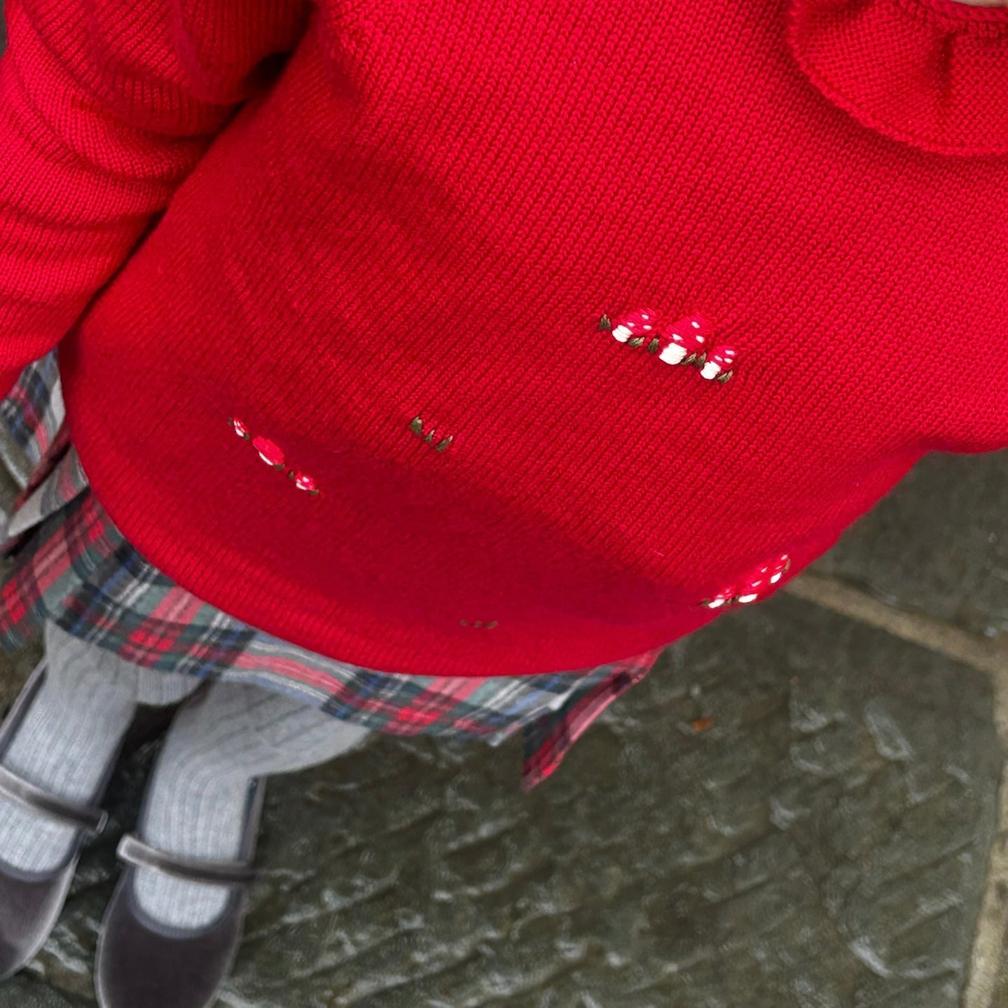 Maglioncino rosso collo frill ricamo autunno Mi Lucero x LA NUVOLA LAB 25319