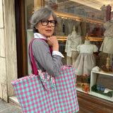 Maxi borsa LAB maxi vichy fucsia fluo e tiffany + fiorellini