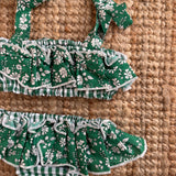 Costume LAB bikini in cotone vichy verde e bianco con rouches fiorellini