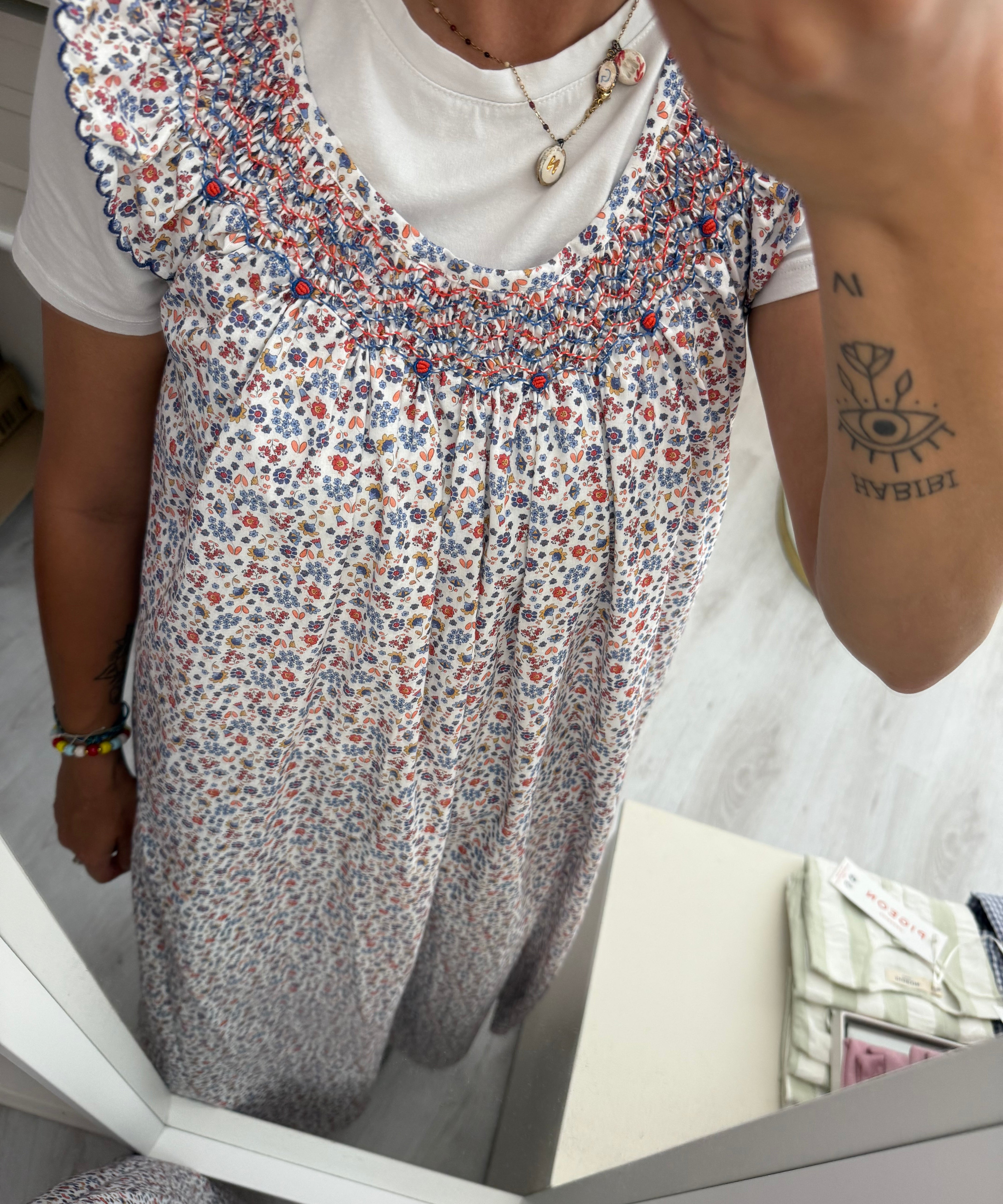 Abito LAB donna fiorellini punto smock con ricamo