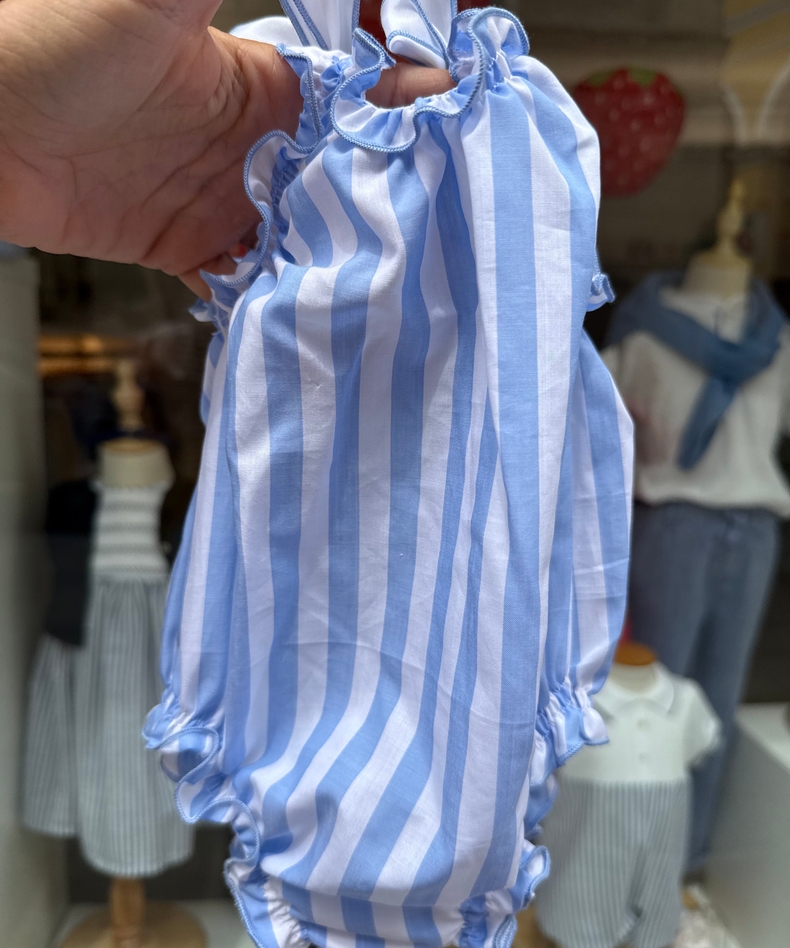 Costume LAB I01 intero in cotone righe azzurro e bianco con fiocchi