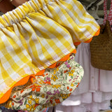 Costume LAB slip in cotone fiorellini con rouche vichy giallo e bianco