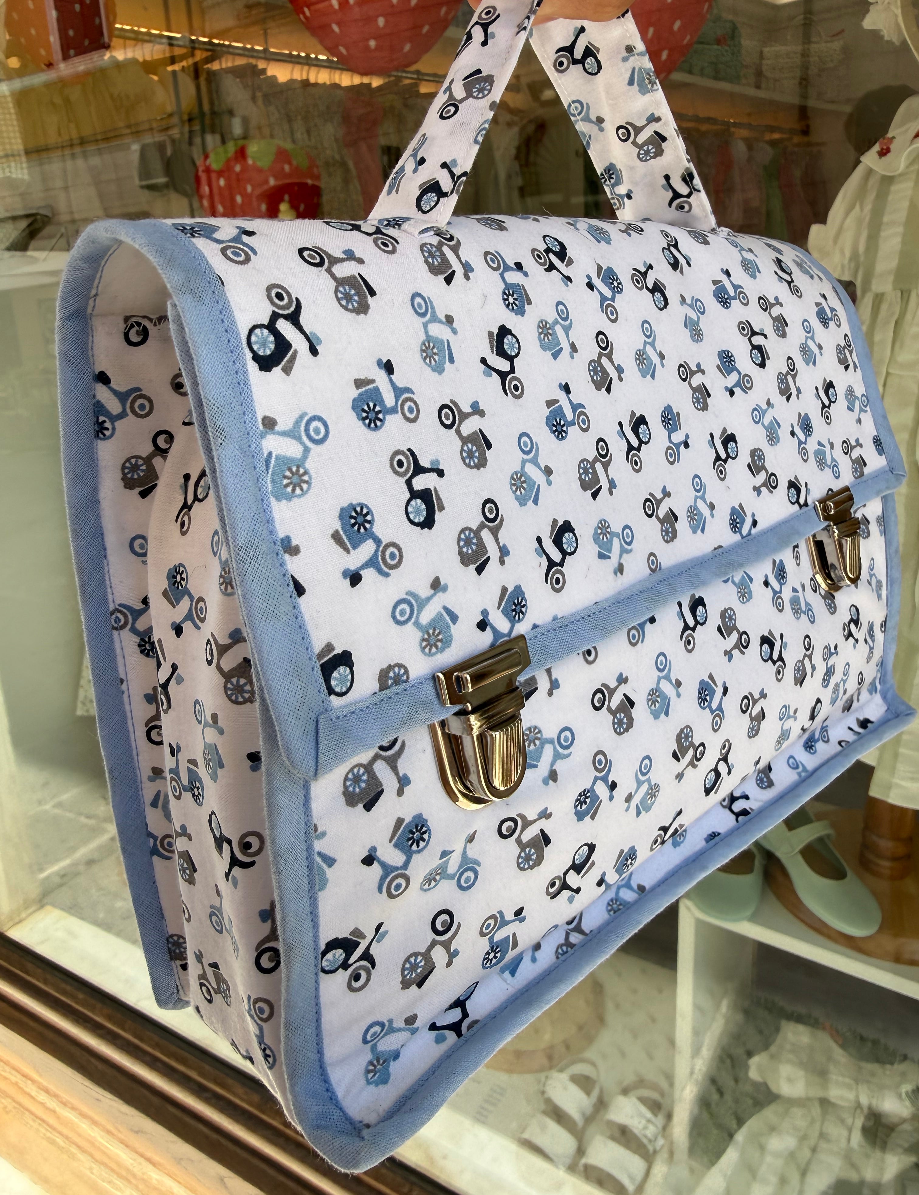 Maxi backpack satchel gingham light blue and white
