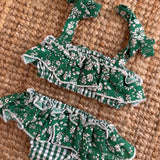 Costume LAB bikini in cotone vichy verde e bianco con rouches fiorellini