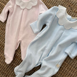 Tutina in ciniglia azzurro collo petalo in piquet con ricamo pois DY50 BabyGi