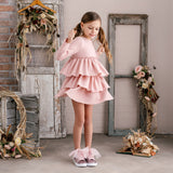 Warm pink cotton dress with ruffles GN20132