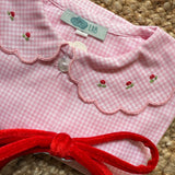 Camicetta LAB Clizia colletto ricamato funghetti quadretto vichy rosa e bianco con colletto petalo a manica lunga