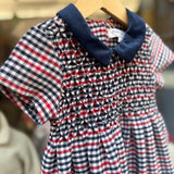 Abito quadretto blu bianco e rosso ricamo smock Malvi F26M012VENC