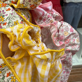 Costume LAB intero in cotone vichy giallo e bianco con fiocchi fiorellini