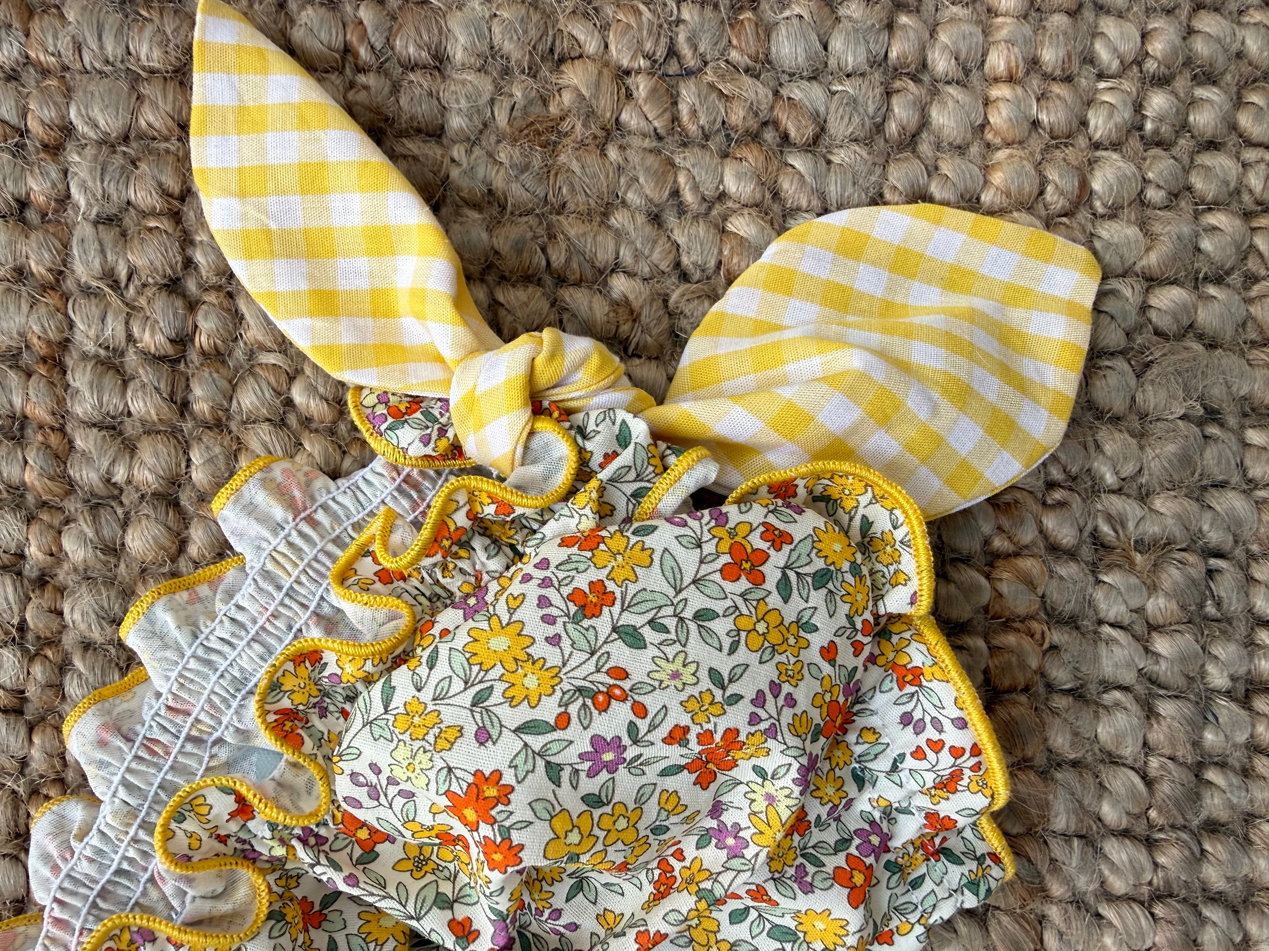 Costume S08 LAB slip in cotone fiorellini con fiocchi vichy giallo e bianco