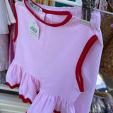 Completo LAB Ninetta righina rosa e bianco con maxi serpentina rosso