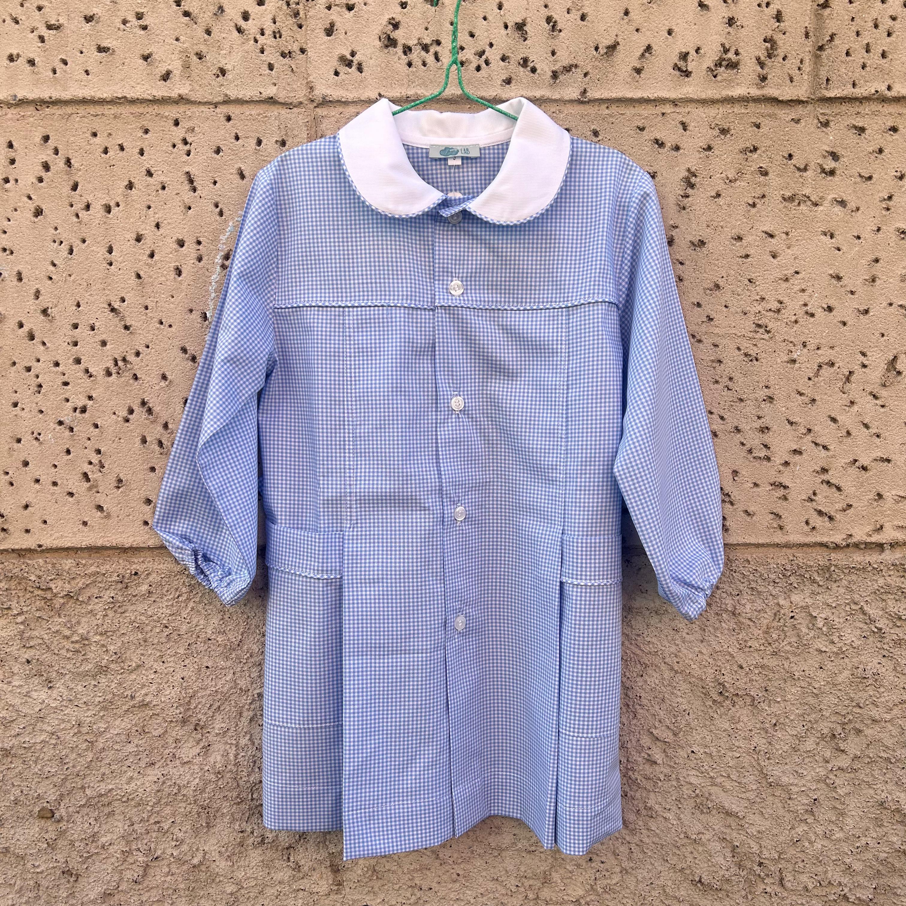 Grembiule LAB vichy bianco e azzurro collo tondo profilato fantasia in cotone