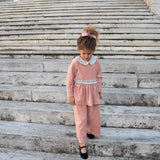 LAB complete empire-cut tunic and palazzo pants in pink chenille with floral trim