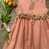 Abito LAB vichy arancio e bianco con frill fiorellini