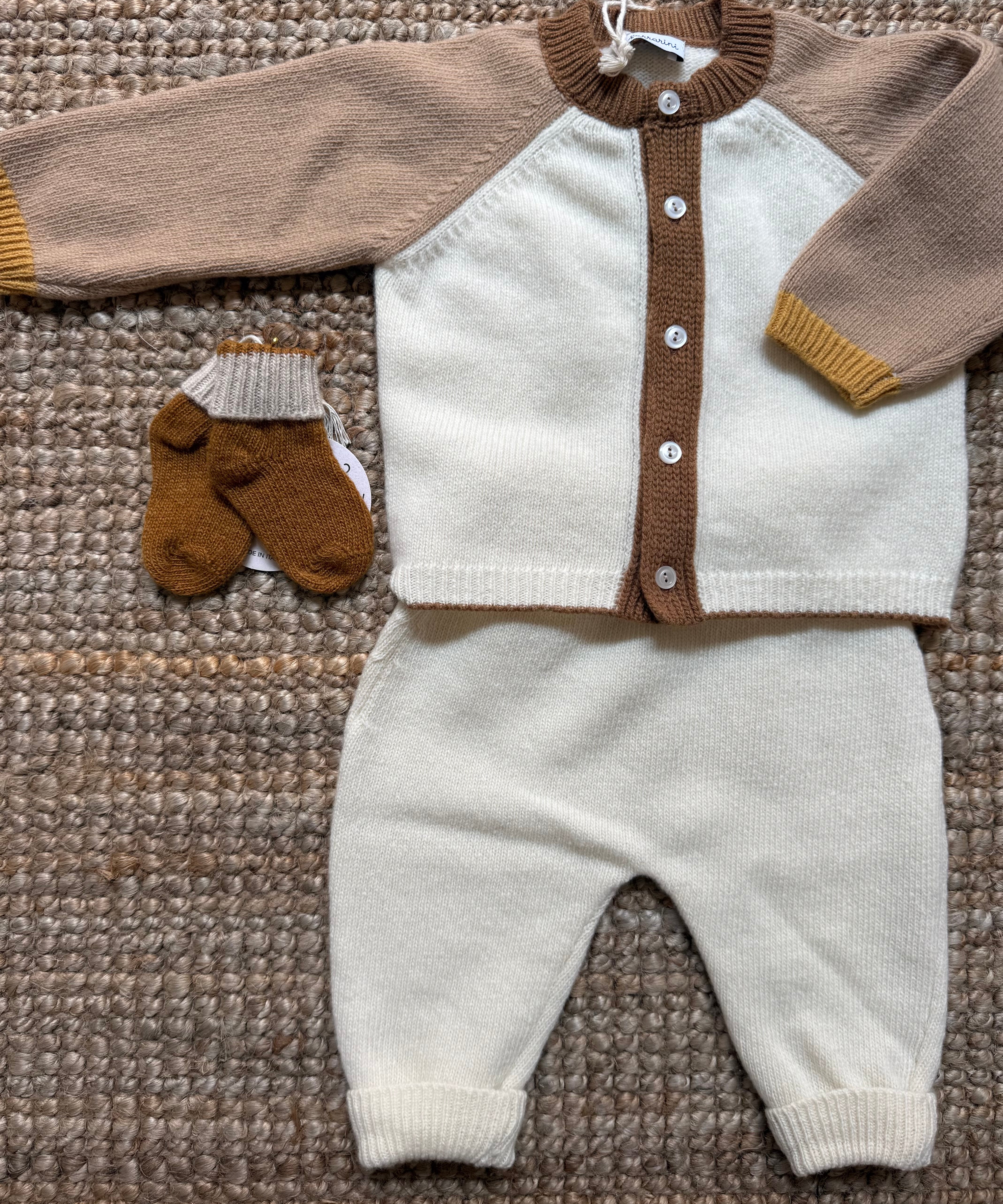 Completo cardigan multicolor nocciola senape e burro con ghettine burro I Ferrarini 2511/386 2511/387
