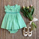 Abito in voile con ricamo smock verde chiaro con bloomers Malvi & Co S26I104VEZV