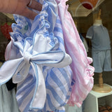 Costume LAB intero in cotone righe azzurro e bianco con fiocchi