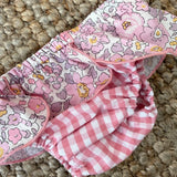 Costume LAB slip in cotone vichy rosa e bianco con cappe fiorellini