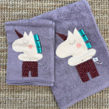 Set biancheria coppia asciugamani viola UNICORNO - Tessuti e Vissuti capsule x LANUVOLALAB