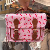 Borsa cartella media velluto rosa a coste stampa ciliegie con tracolla Naj-Oleari