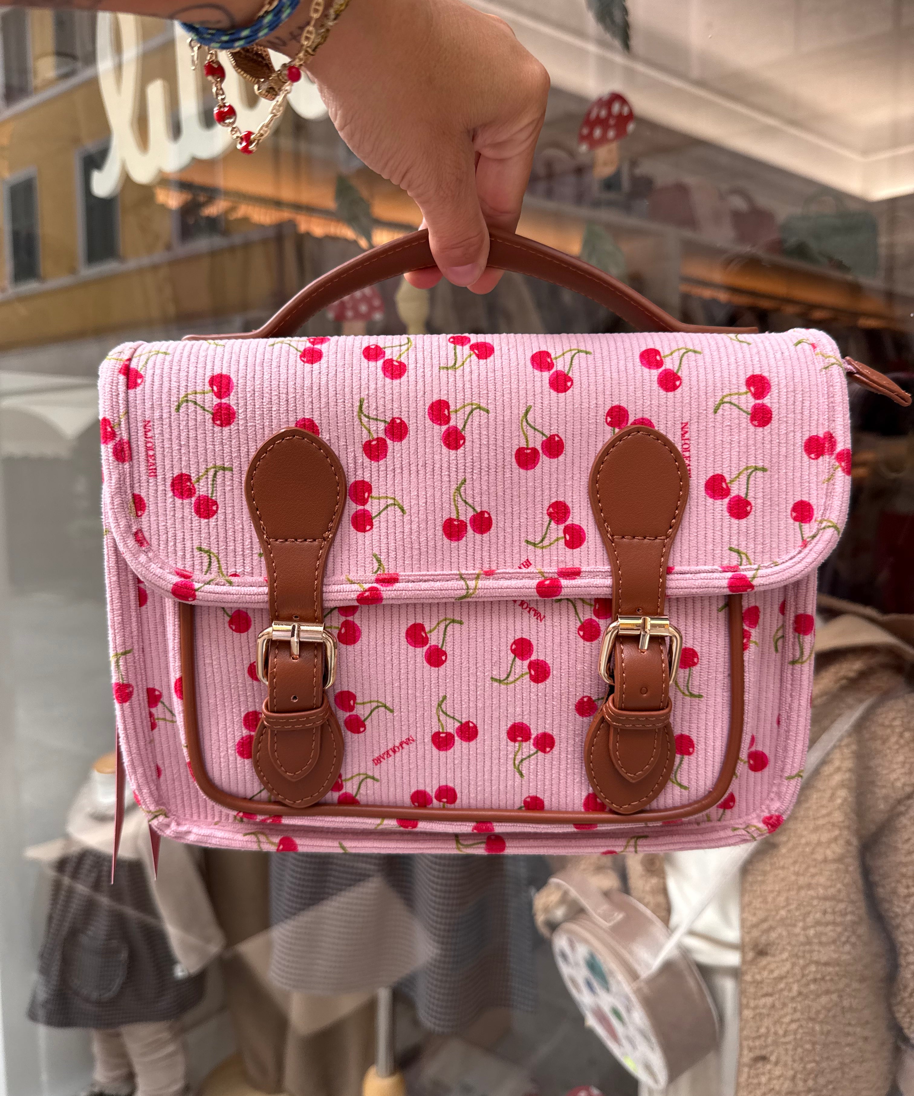 Borsa cartella media velluto rosa a coste stampa ciliegie con tracolla Naj-Oleari