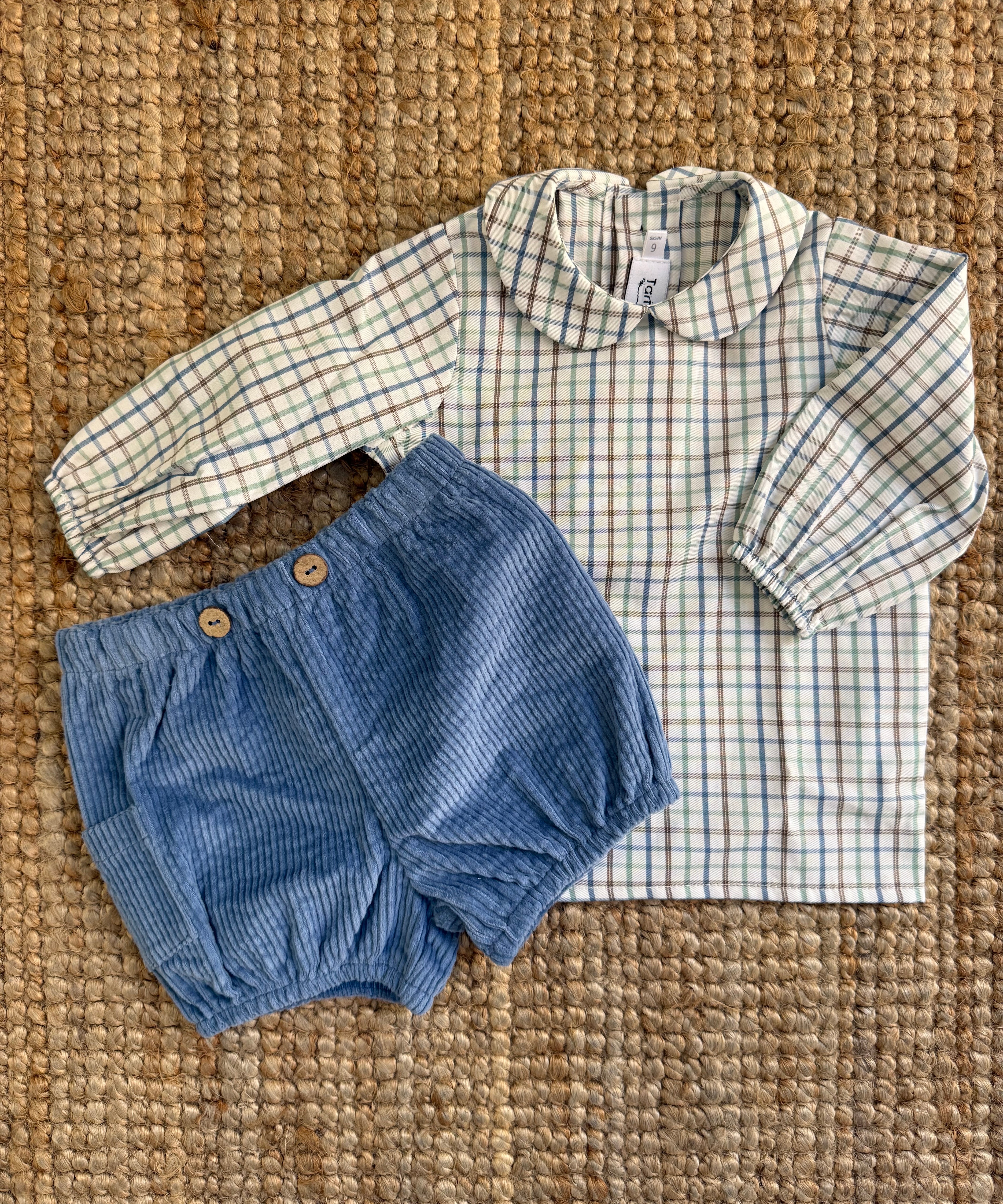 Camicia colletto rotondo quadro verde e azzurro B9955 Tartaleta