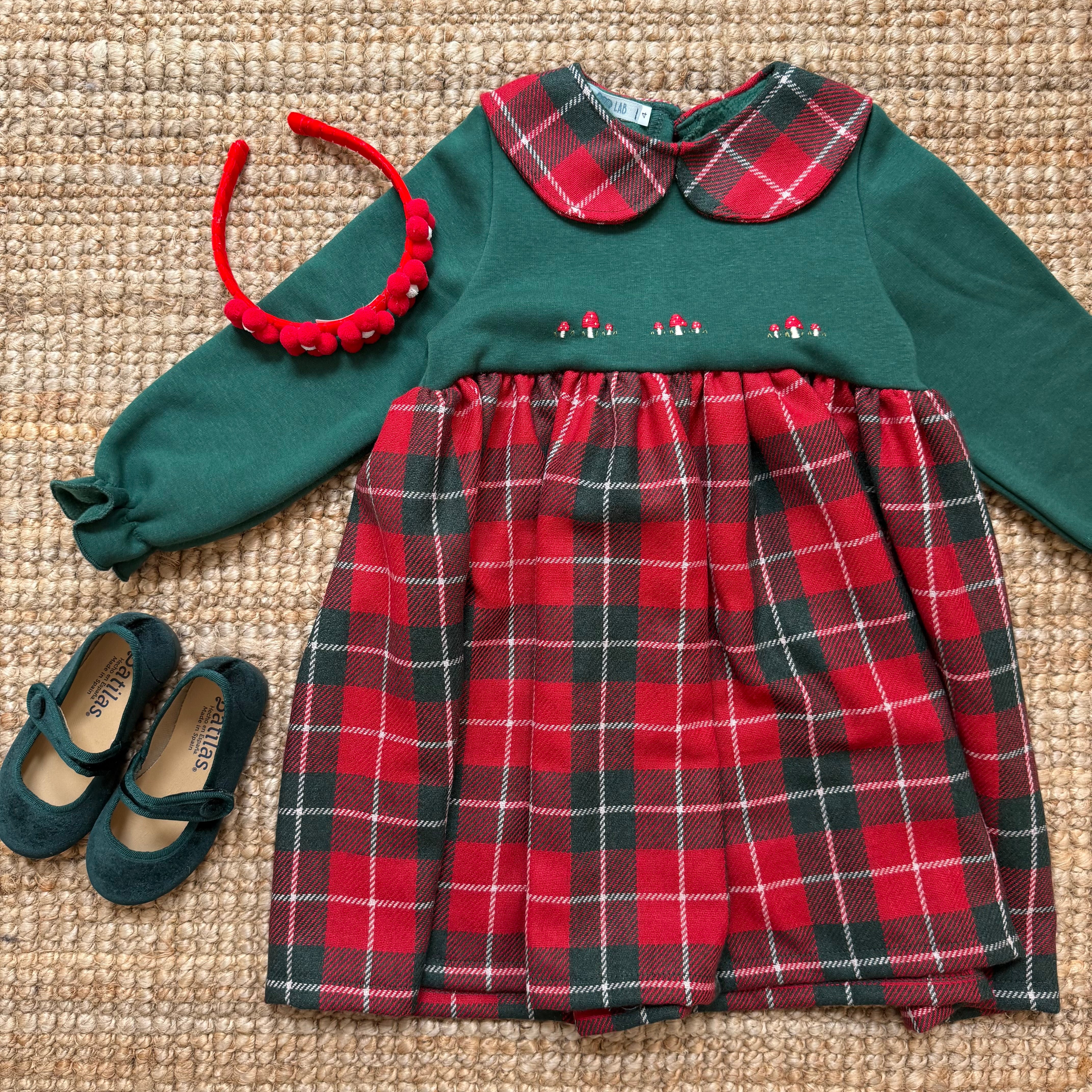 Abito LAB corpetto in felpa ricamato a mano con colletto e gonna tartan