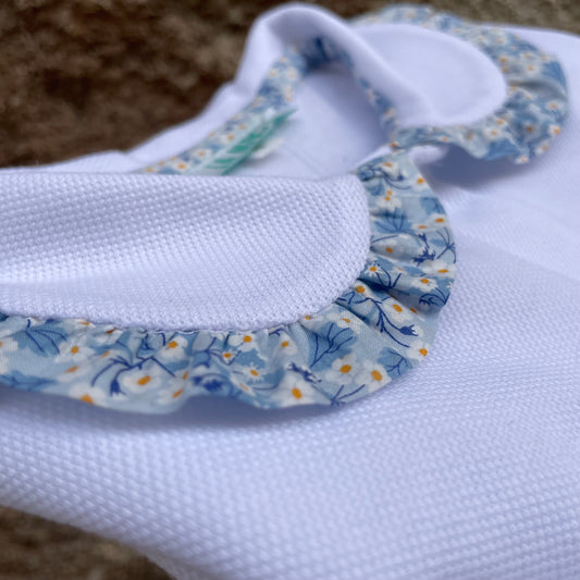 Polo Flora LAB manica lunga colletto rotondo rifinito frill fiori azzurro