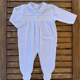 Tutina in ciniglia grigio con ricamo smock e colletto azzurro in piquet BG52