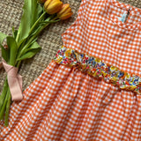 Abito LAB vichy arancio e bianco con frill fiorellini