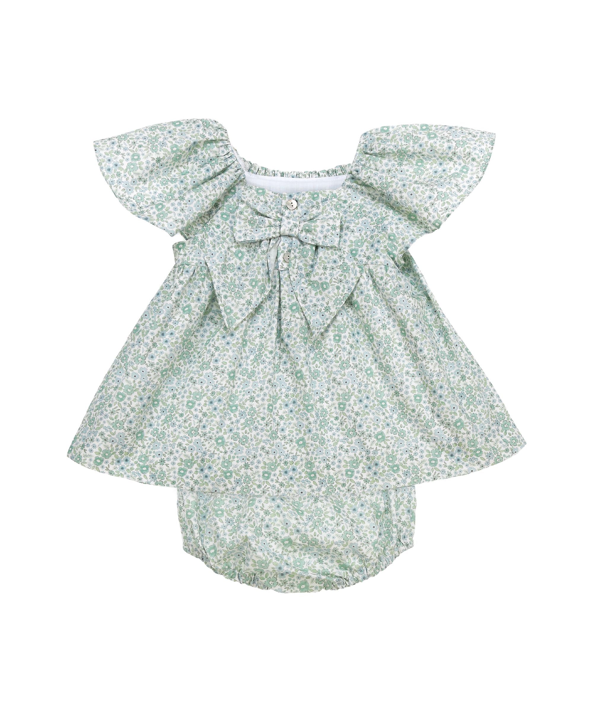 Abito con bloomers Blanca fantasia fiorellino verde ricamo smock Tartaleta B8034