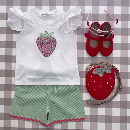 Completo Clara LAB t-shirt patch fragola e shorts righine