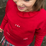 Maglioncino rosso collo frill ricamo autunno Mi Lucero x LA NUVOLA LAB I24113