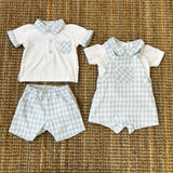 Completo newborn salopette maxi vichy bianco e azzurro con polo DBV25601