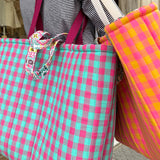 Maxi borsa LAB maxi vichy fucsia fluo e tiffany + fiorellini