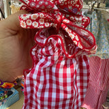 Costume LAB I09 intero in cotone vichy rosso e bianco con fiocchi