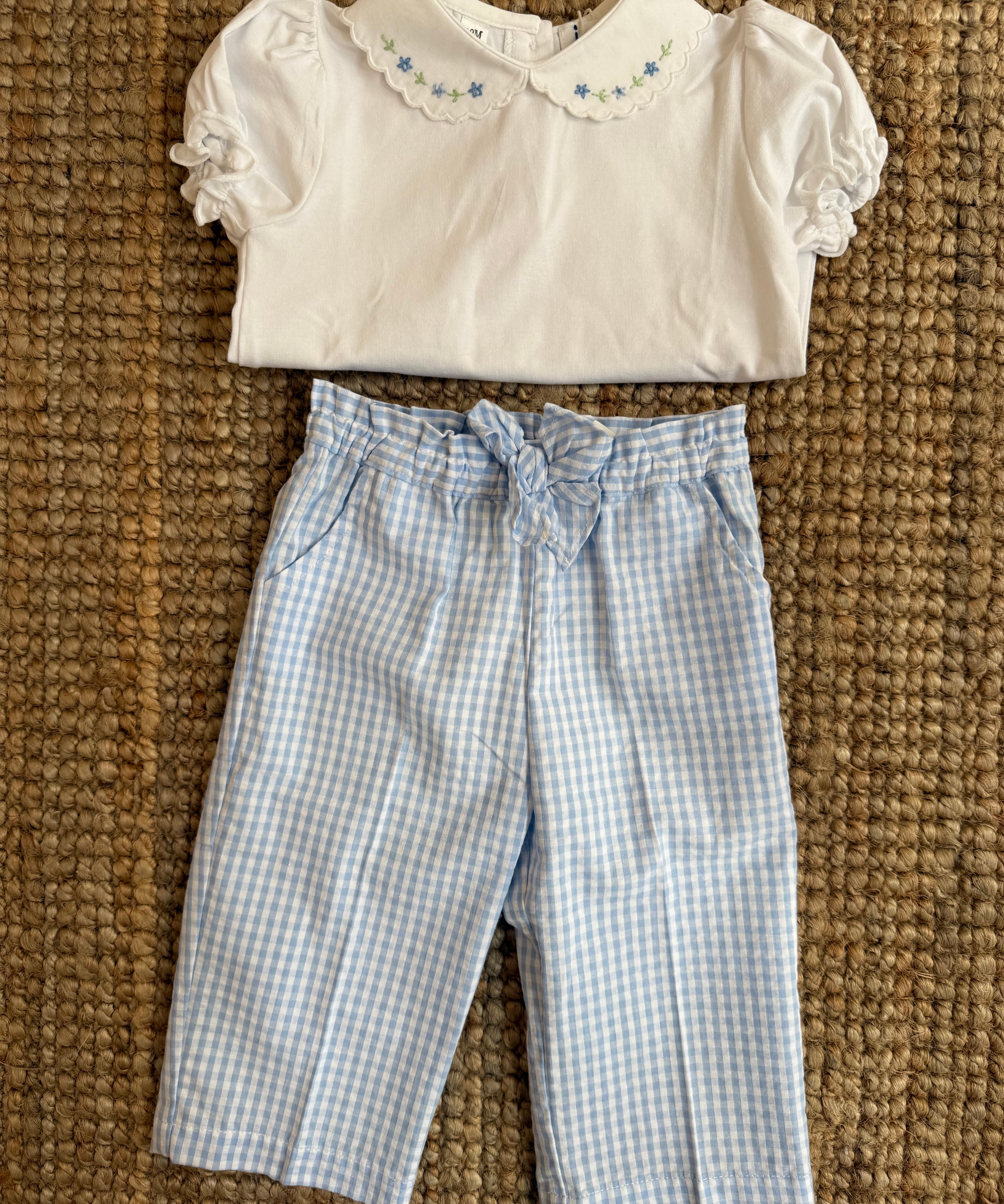 Pantalone 3/4 vichy goffrato bianco e azzurro Malvi & Co S26I128PNQQ