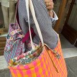 Maxi borsa LAB maxi vichy fucsia fluo e giallo + fiorellini