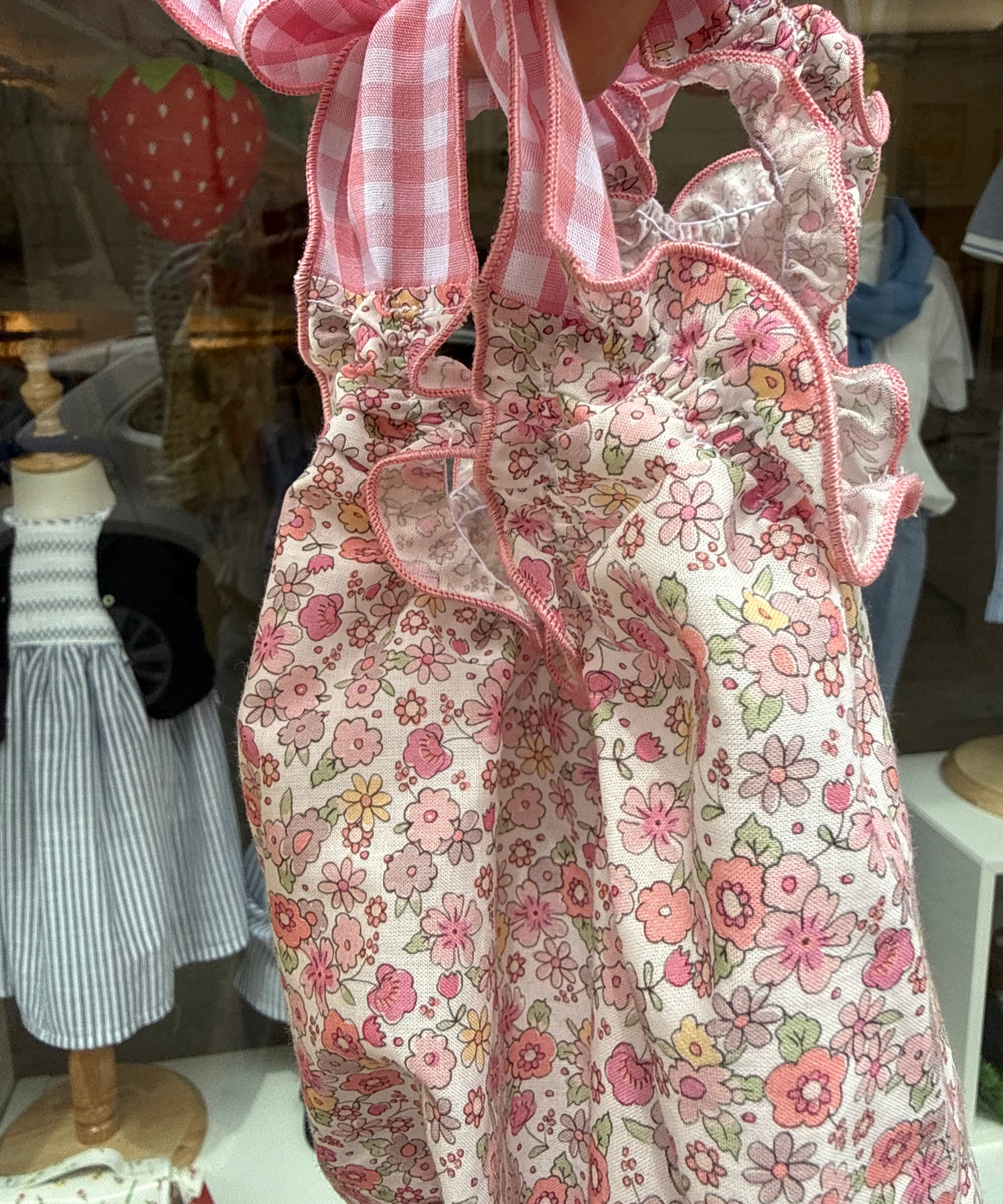 Costume LAB I07 intero in cotone fiorellini rosa con fiocchi vichy