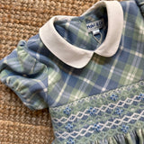 Abito tartan azzurro/salvia con ricamo punto smock Malvi F25M012VERS