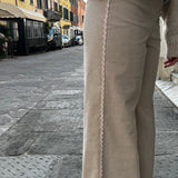 Pantalone LAB donna velluto microcostine a palazzo sabbia con serpentina latte