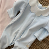 Tutina in ciniglia azzurro collo petalo in piquet con ricamo pois DY50 BabyGi
