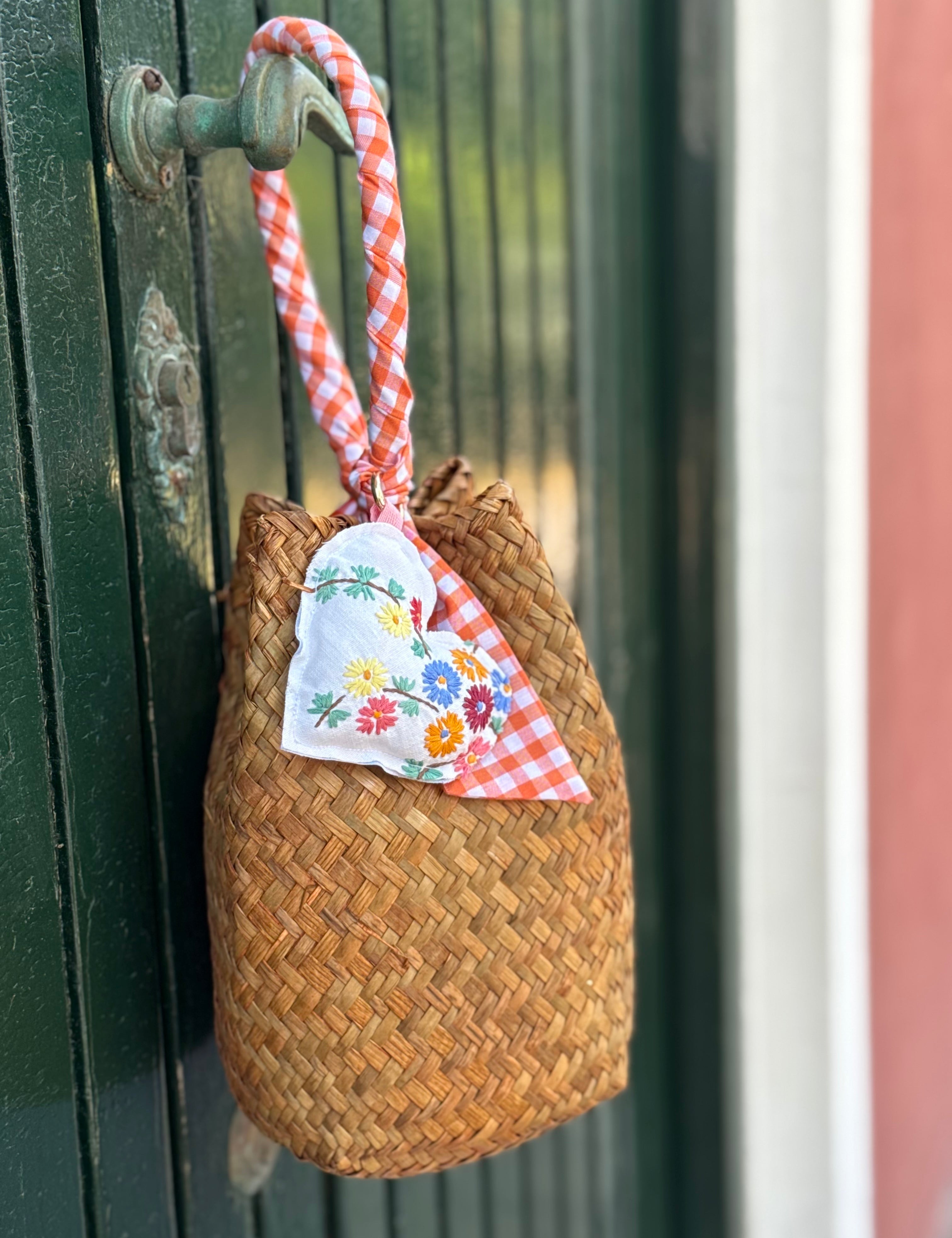 Borsa LAB paglia manico fantasia con cuore imbottito stoffa vintage