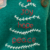 Maglione LAB donna verde ricamato a mano JOY HOPE PEACE