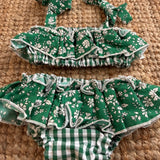 Costume LAB bikini in cotone vichy verde e bianco con rouches fiorellini