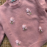 Maglioncino rosa girocollo con fiori ricamati a mano LA NUVOLA LAB