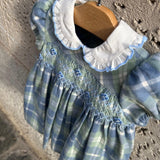 Abito tartan cielo/salvia con ricamo punto smock Malvi F25I018VERS