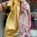 Costume LAB intero in cotone vichy giallo e bianco con fiocchi fiorellini
