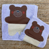 Set biancheria coppia asciugamani lilla ORSO marrone - Tessuti e Vissuti capsule x LANUVOLALAB